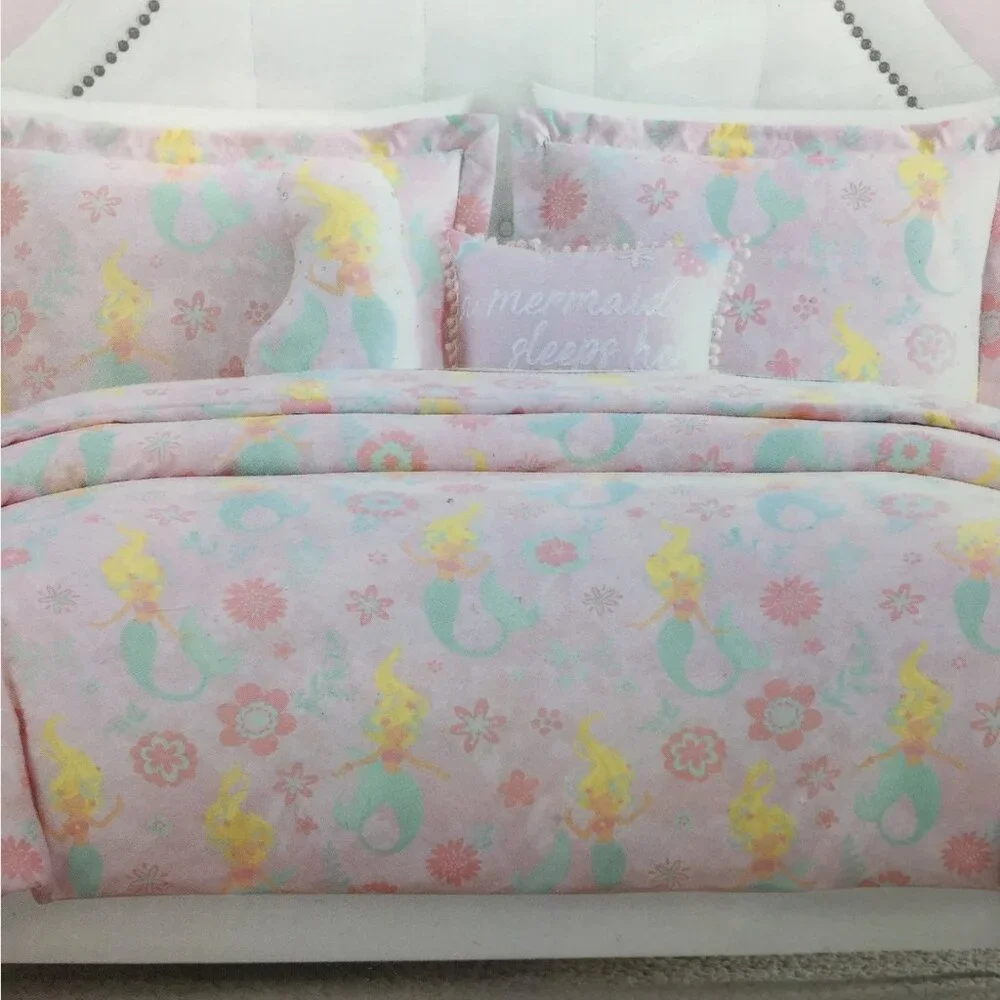 7pc Tabitha Webb Mermaid TWIN SHEET COMFORTER PILLOW Set Ocean Pink Designer NEW